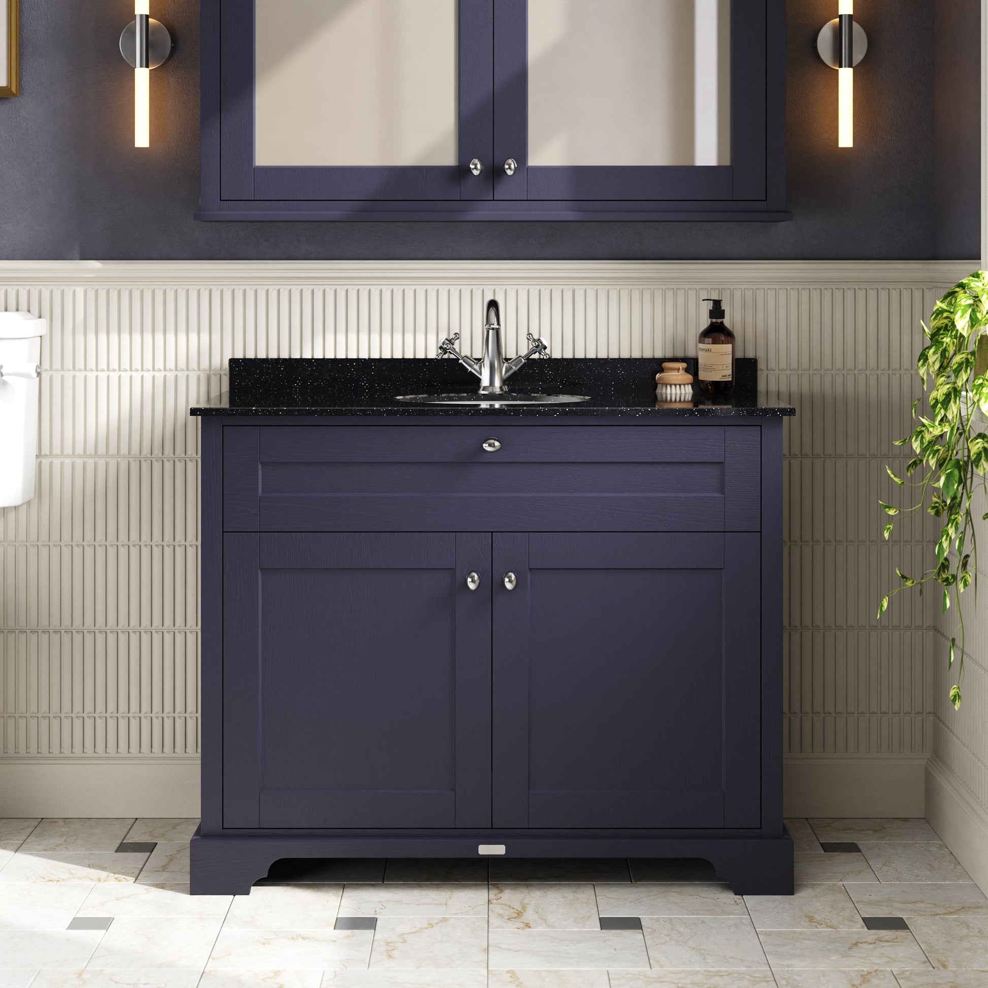 Floor Standing 2 Door Vanity Unit with 1 Tap Hole Black Marble Top 1000mm