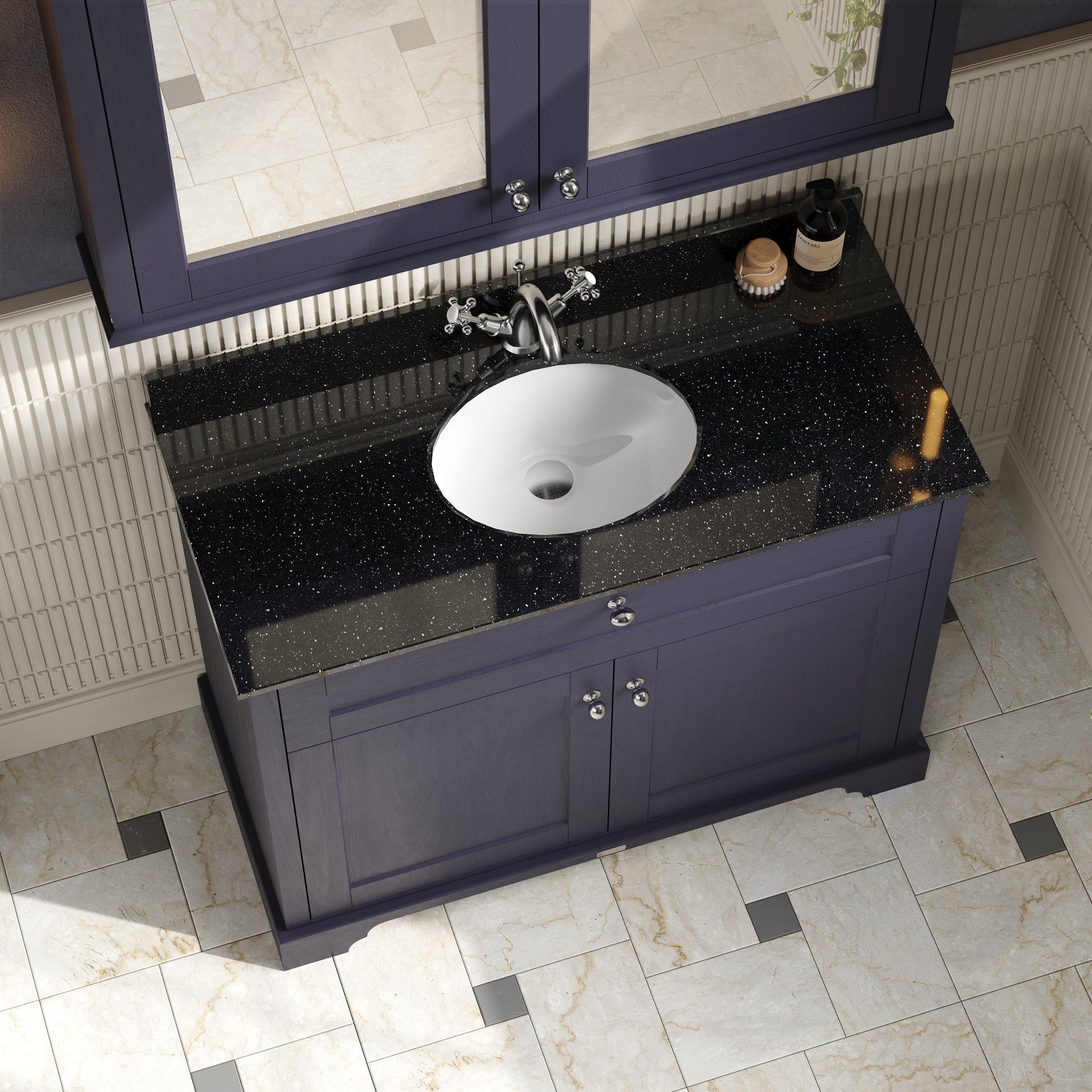 Floor Standing 2 Door Vanity Unit with 1 Tap Hole Black Marble Top 1000mm