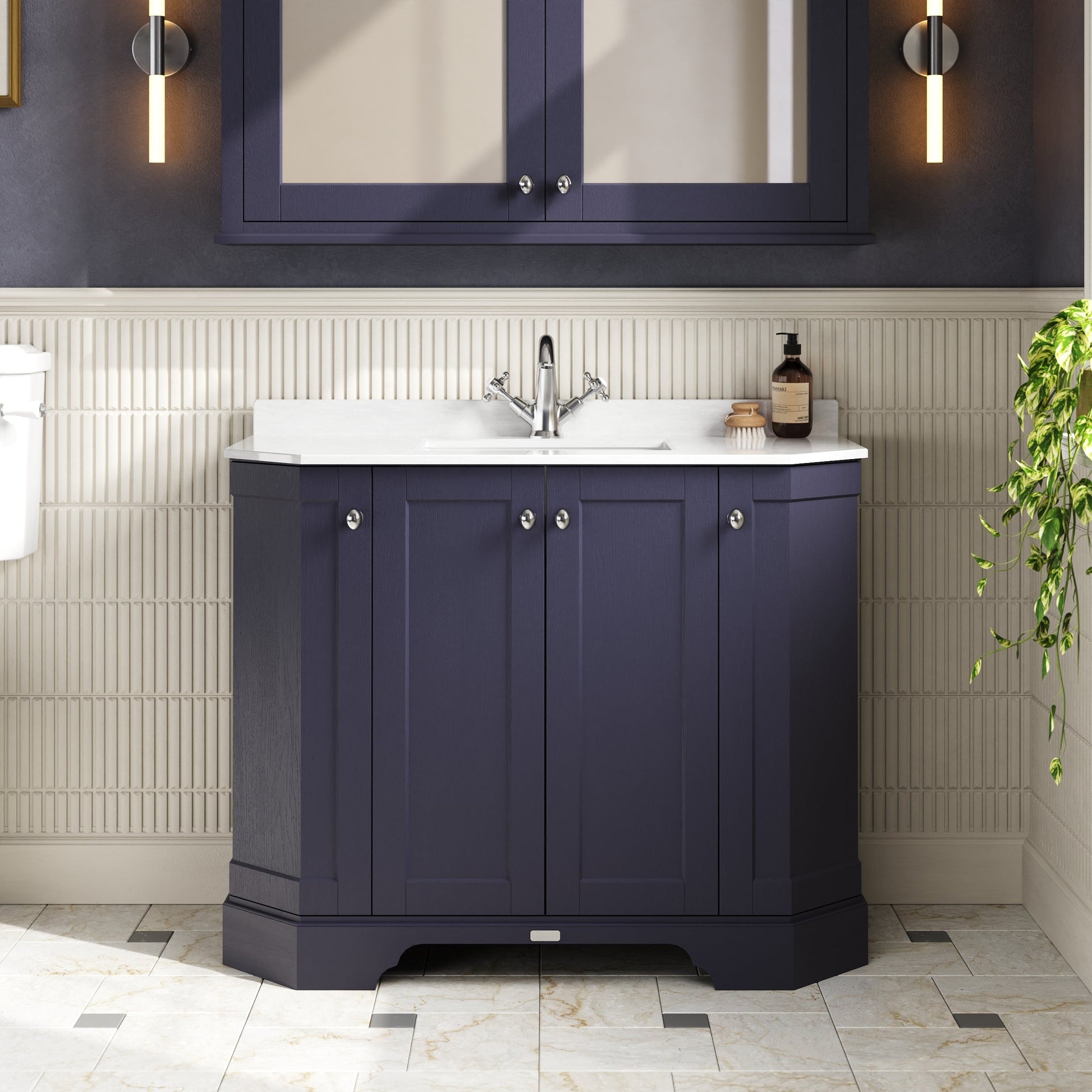 Hudson Reed Old London 1036mm Twilight Blue Floor Standing 4 Door Vanity Unit With White Marble Top Basin