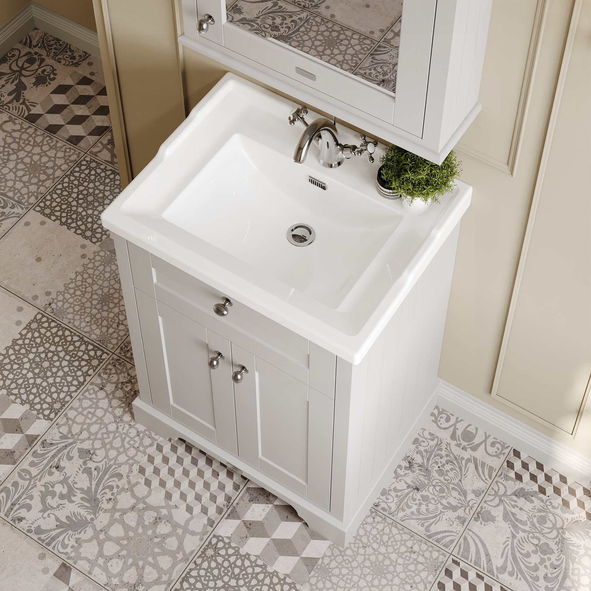 Hudson Reed Old London 600mm Timeless Sand Floor Standing 2 Door Vanity Unit With 1 Tap Hole Ceramic Basin