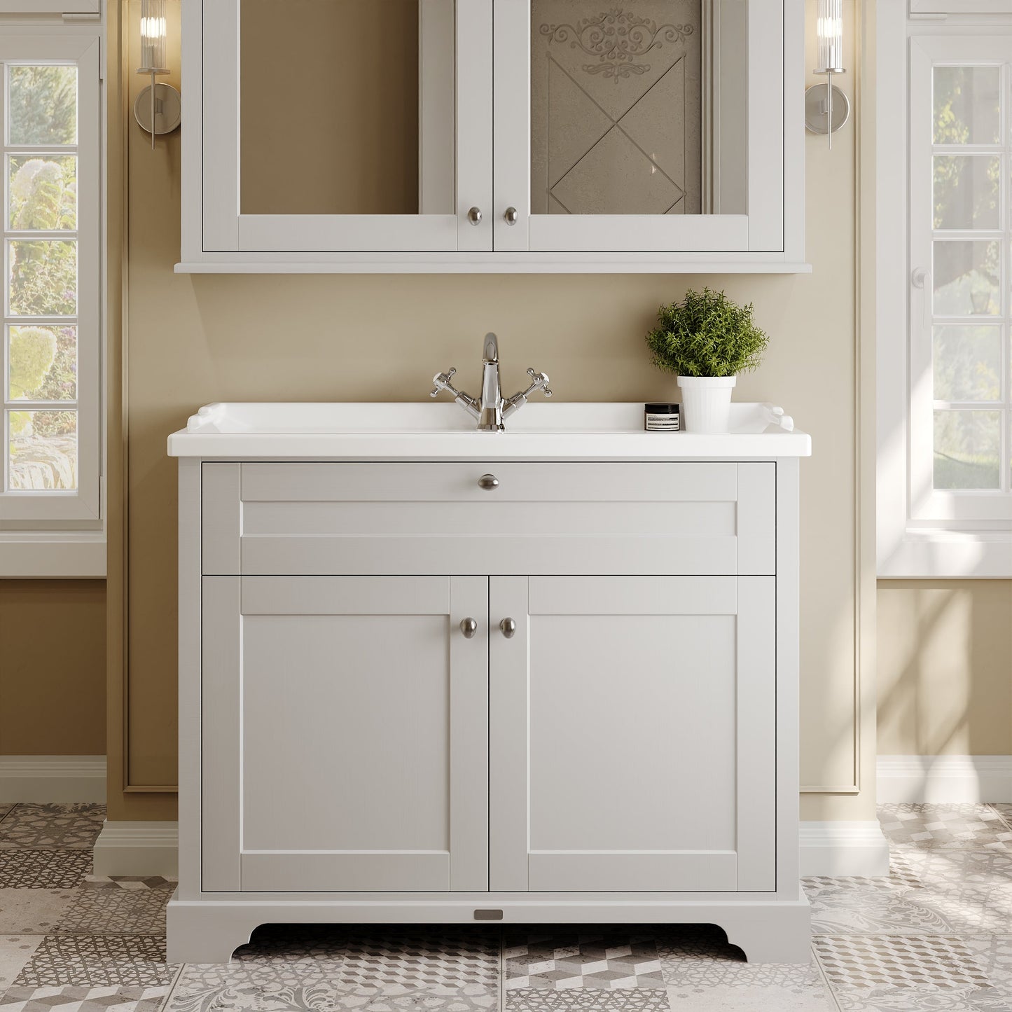 Hudson Reed Old London 1020mm Timeless Sand Floor Standing 2 Door Vanity Unit With 1 Tap Hole Ceramic Basin