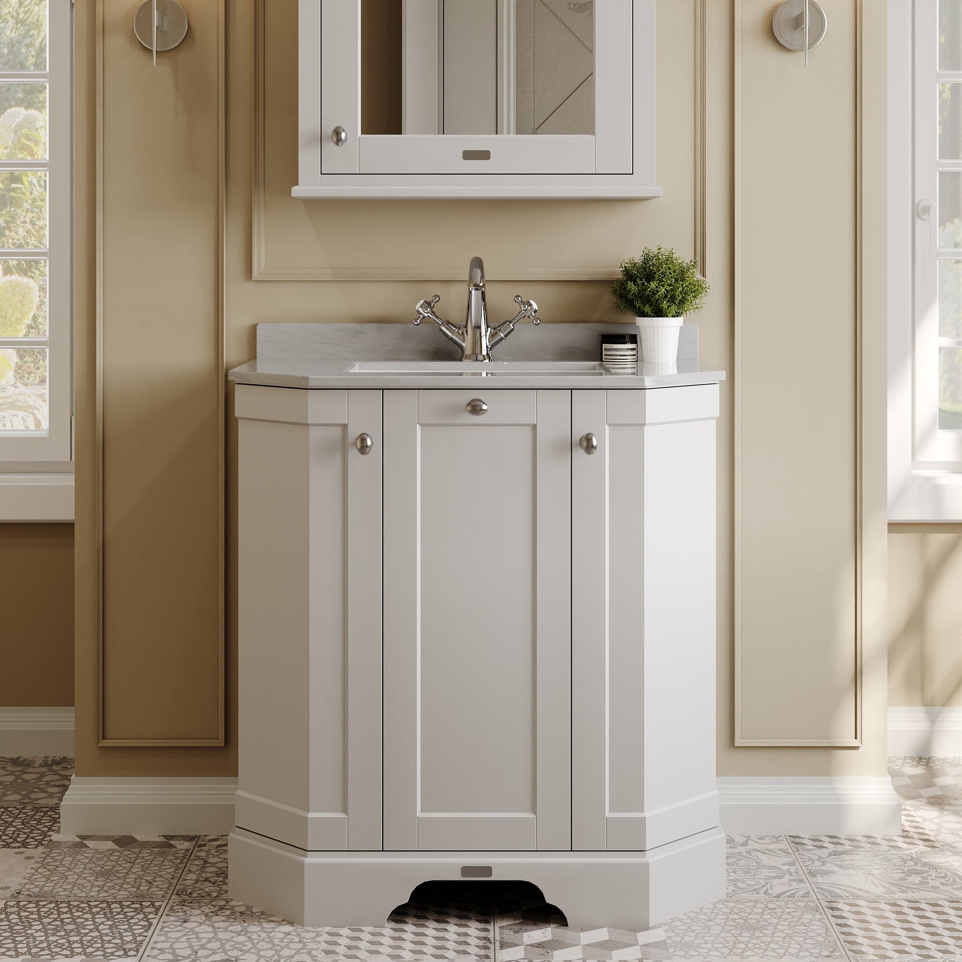Floor Standing 3 Door Angled Vanity Unit with 1 Tap Hole Grey Marble Top 750mm