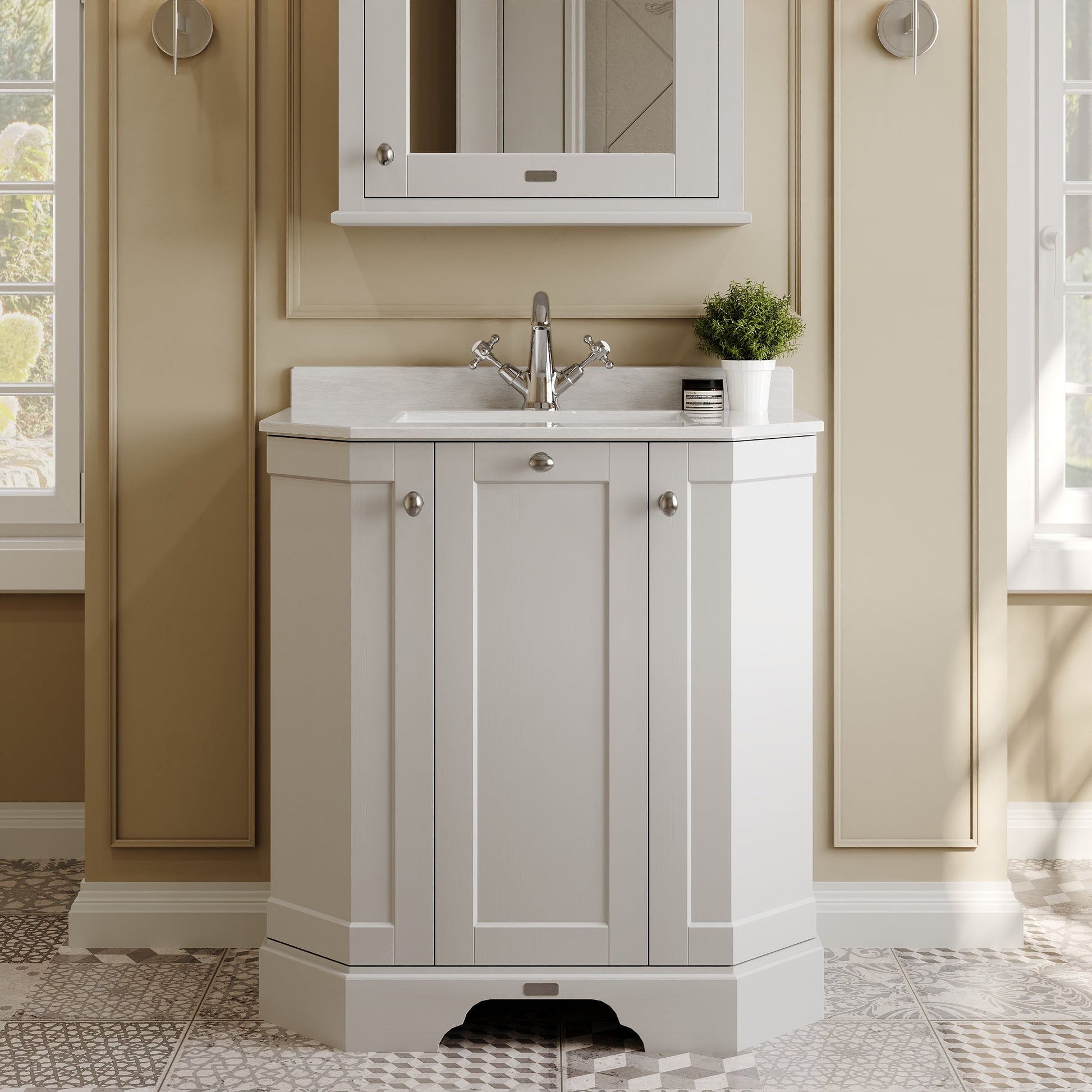 Hudson Reed Old London 786mm Floor Standing 3 Door Vanity Unit With White Marble Top Basin