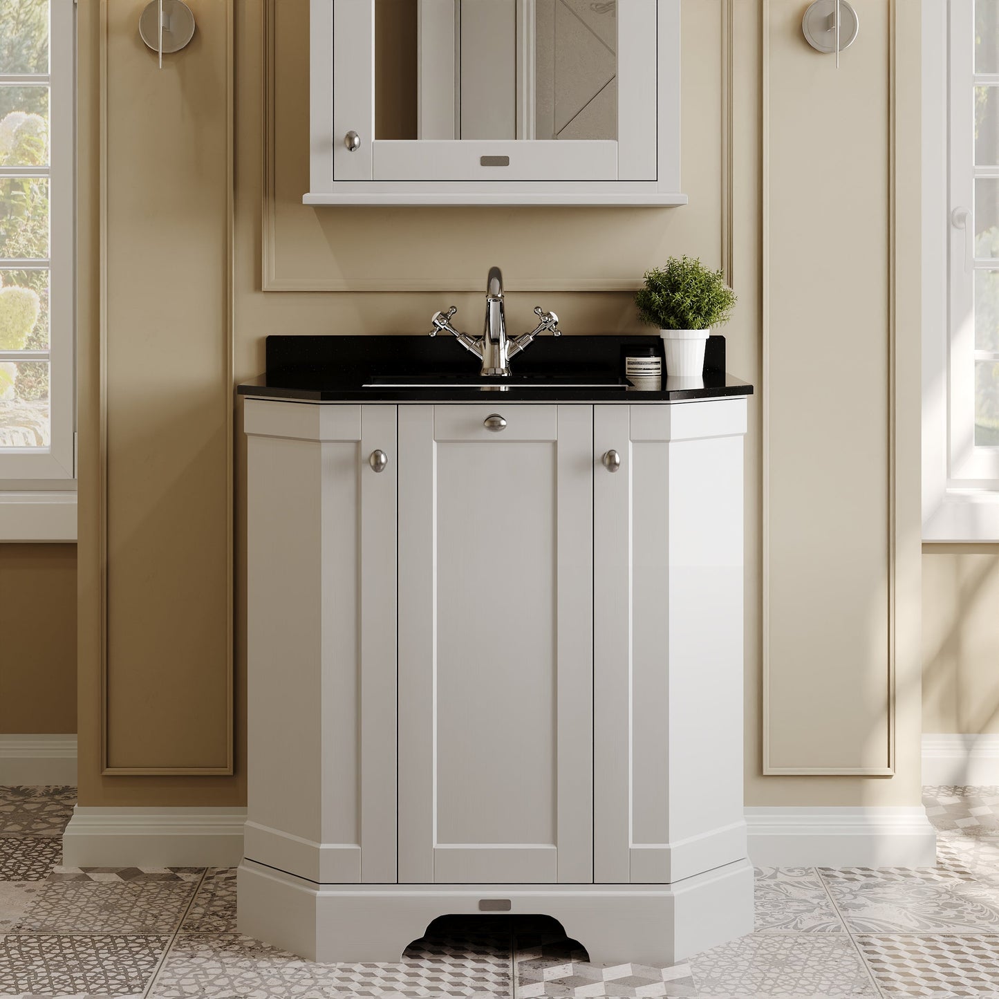 Hudson Reed Old London 786mm Timeless Sand Floor Standing 3 Door Vanity Unit With Black Marble Top