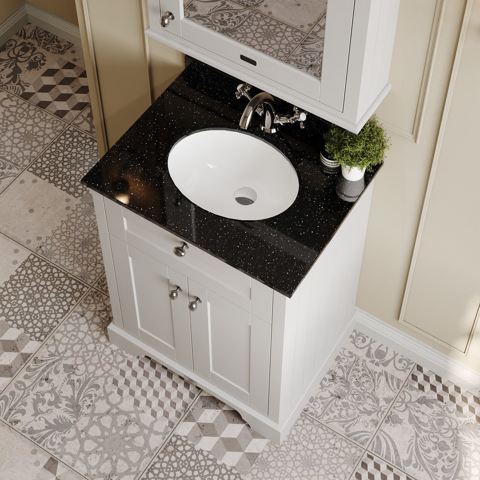 Hudson Reed Old London 600mm Timeless Sand Floor Standing 2 Door Vanity Unit with Black Marble Top Basin