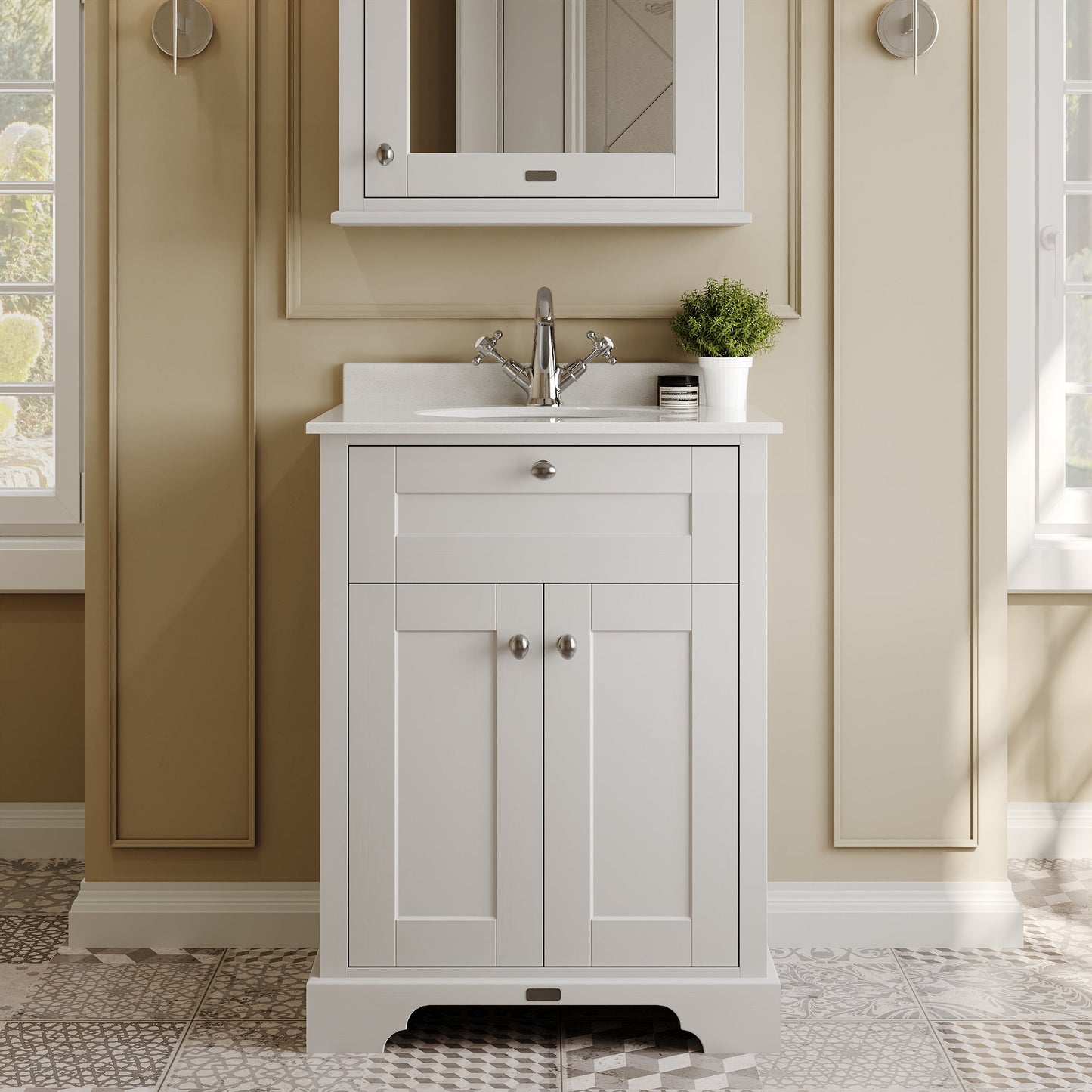 Hudson Reed Old London 620mm Timeless Sand Floor Standing 2 Door Vanity Unit With 1 Tap Hole White Marble Top Basin