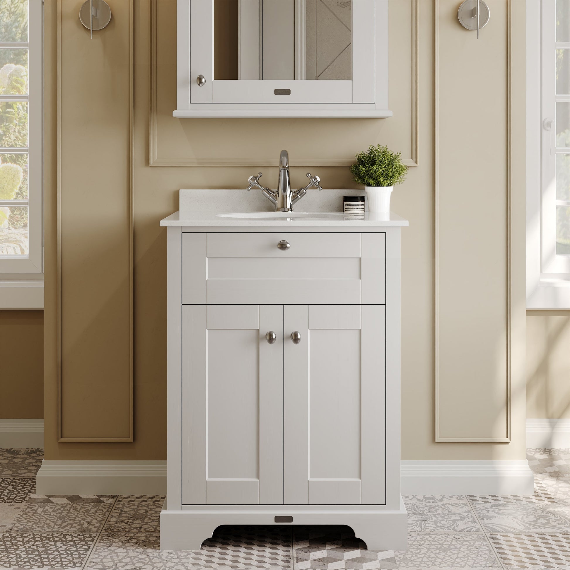 Hudson Reed Old London 620mm Timeless Sand Floor Standing 2 Door Vanity Unit With 1 Tap Hole White Marble Top Basin
