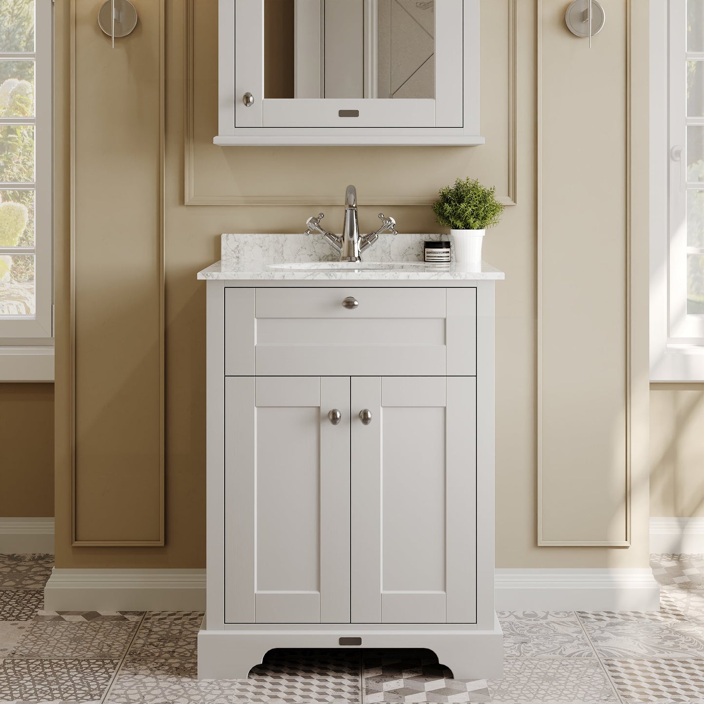 Hudson Reed Old London 600mm Timeless Sand Floor Standing 2 Door Vanity Unit With Grey Marble Top Basin