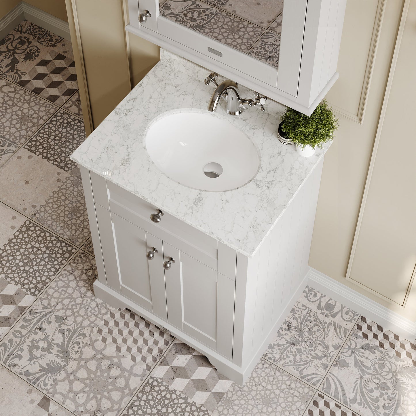 Hudson Reed Old London 600mm Timeless Sand Floor Standing 2 Door Vanity Unit With Grey Marble Top Basin