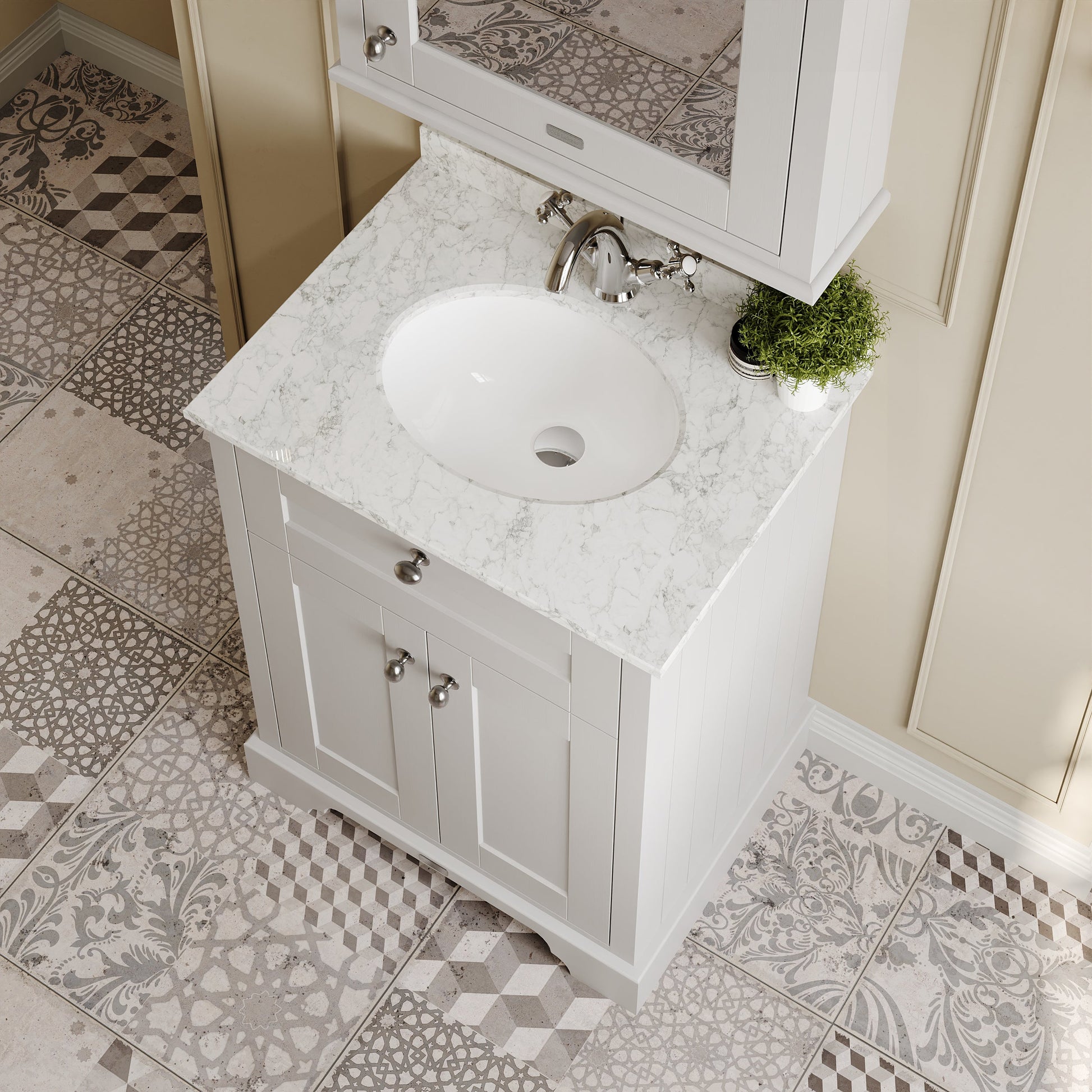 Hudson Reed Old London 600mm Timeless Sand Floor Standing 2 Door Vanity Unit With Grey Marble Top Basin