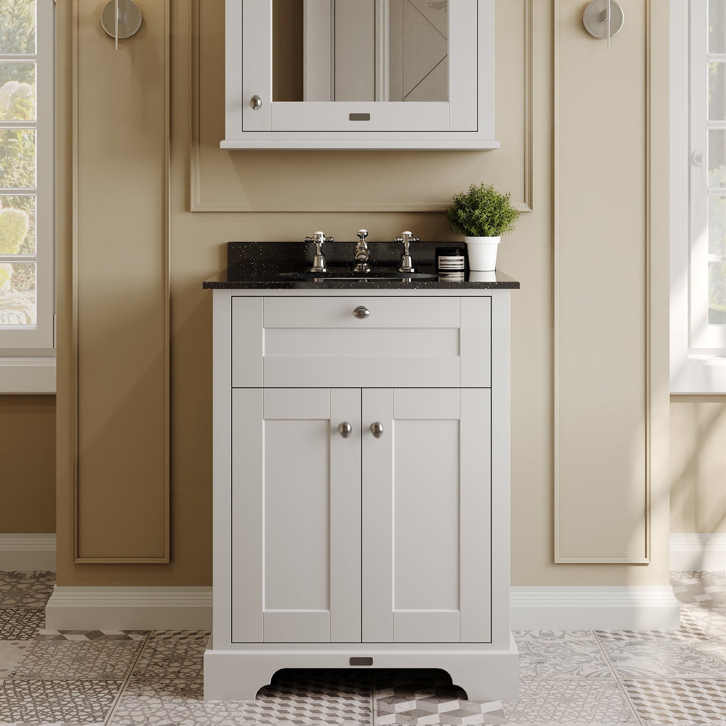 Hudson Reed Old London 620mm Timeless Sand Floor Standing 2 Door Vanity Unit with 3 Tap Hole Black Marble Top Basin