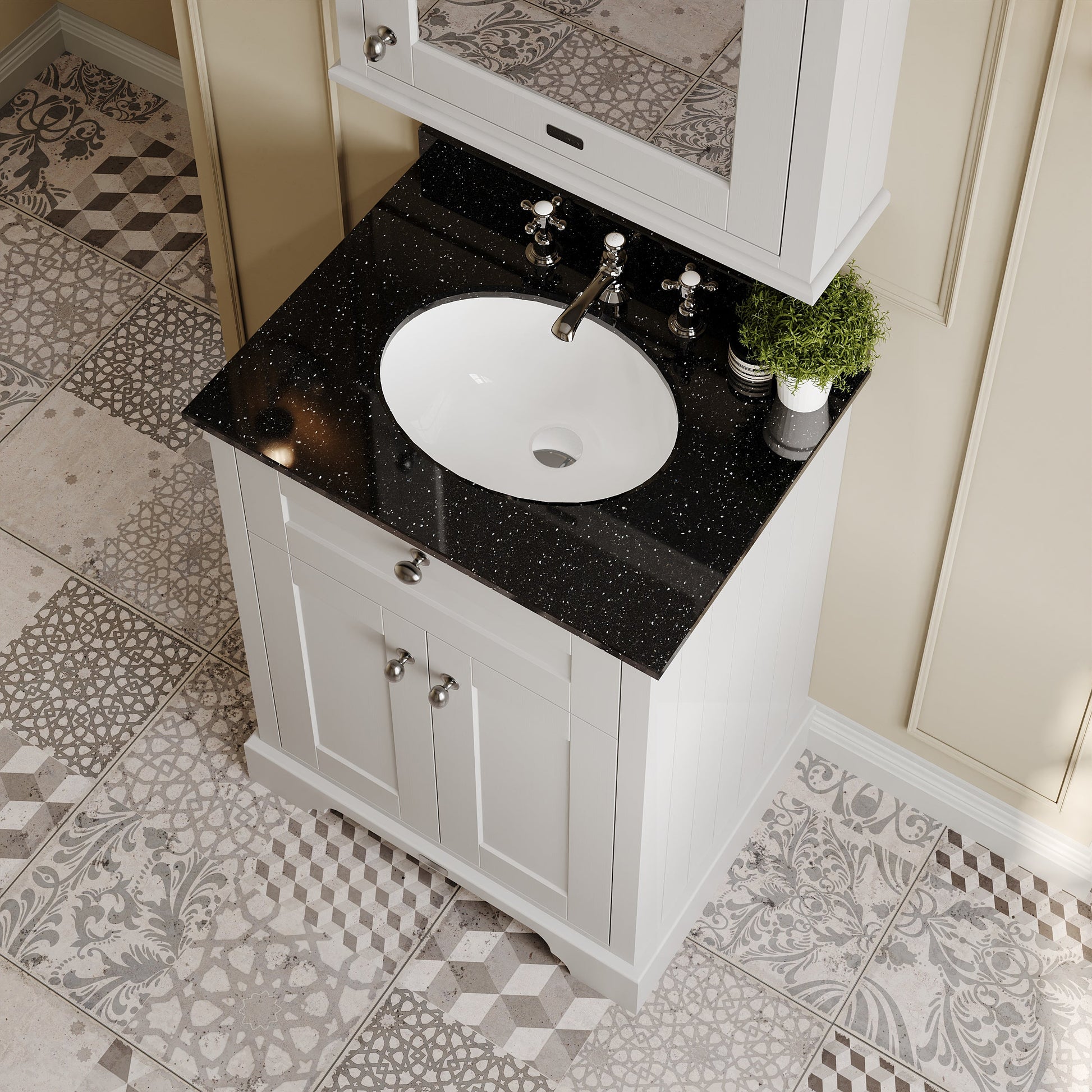 Hudson Reed Old London 620mm Timeless Sand Floor Standing 2 Door Vanity Unit with 3 Tap Hole Black Marble Top Basin