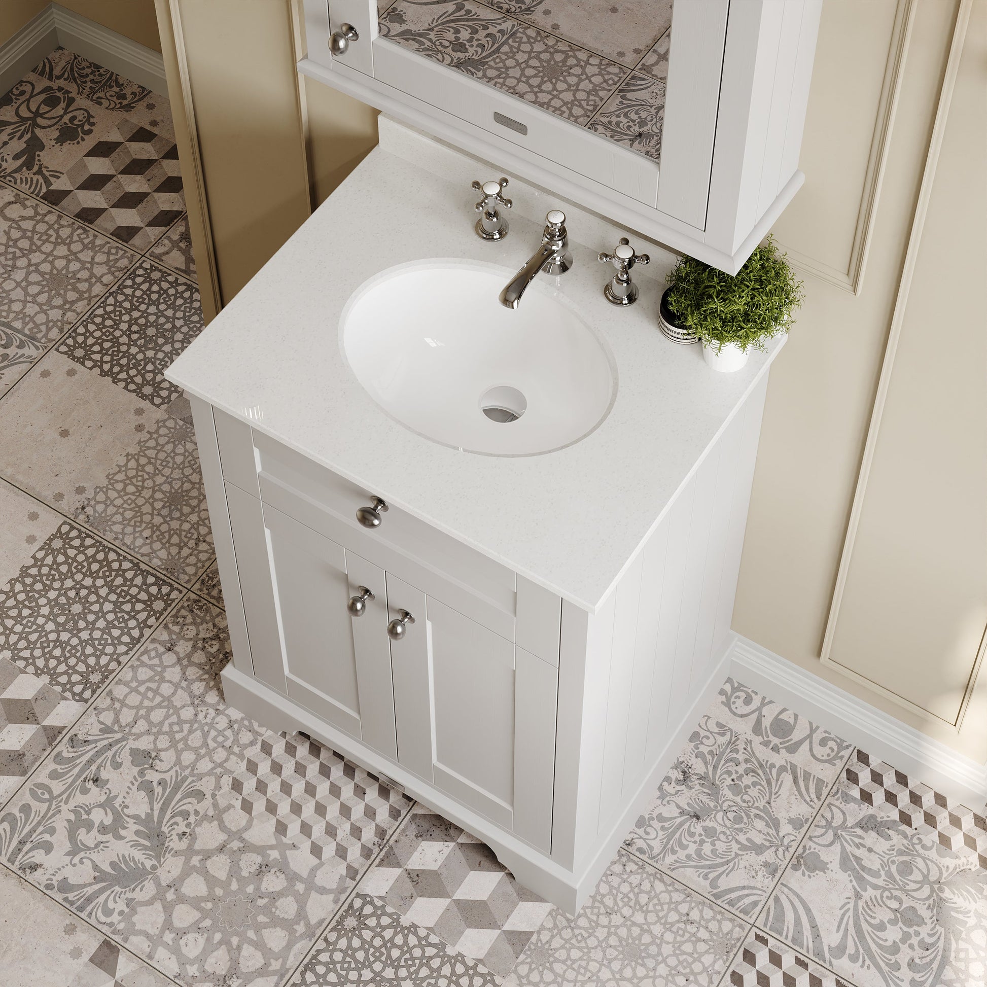 Hudson Reed Old London 600mm Floor Standing 2 Door Vanity Unit with 3 Tap Hole White Marble Top, Soft Close Doors, Rigid