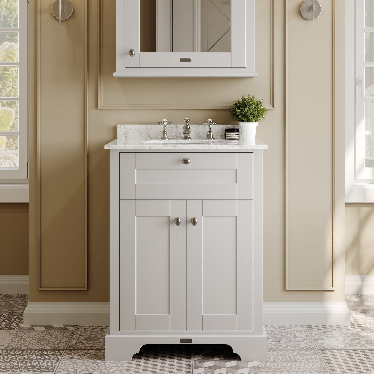 Hudson Reed Old London 600mm Floor Standing Vanity Unit with 3 Tap Hole Grey Marble Top Soft Close Doors