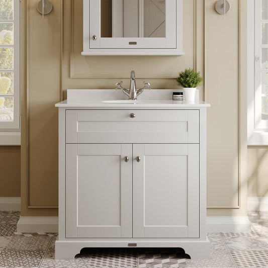 Hudson Reed Old London 800mm Floor Standing 2 Door White Marble Top Vanity Unit With 1 Tap Hole Soft Close Doors