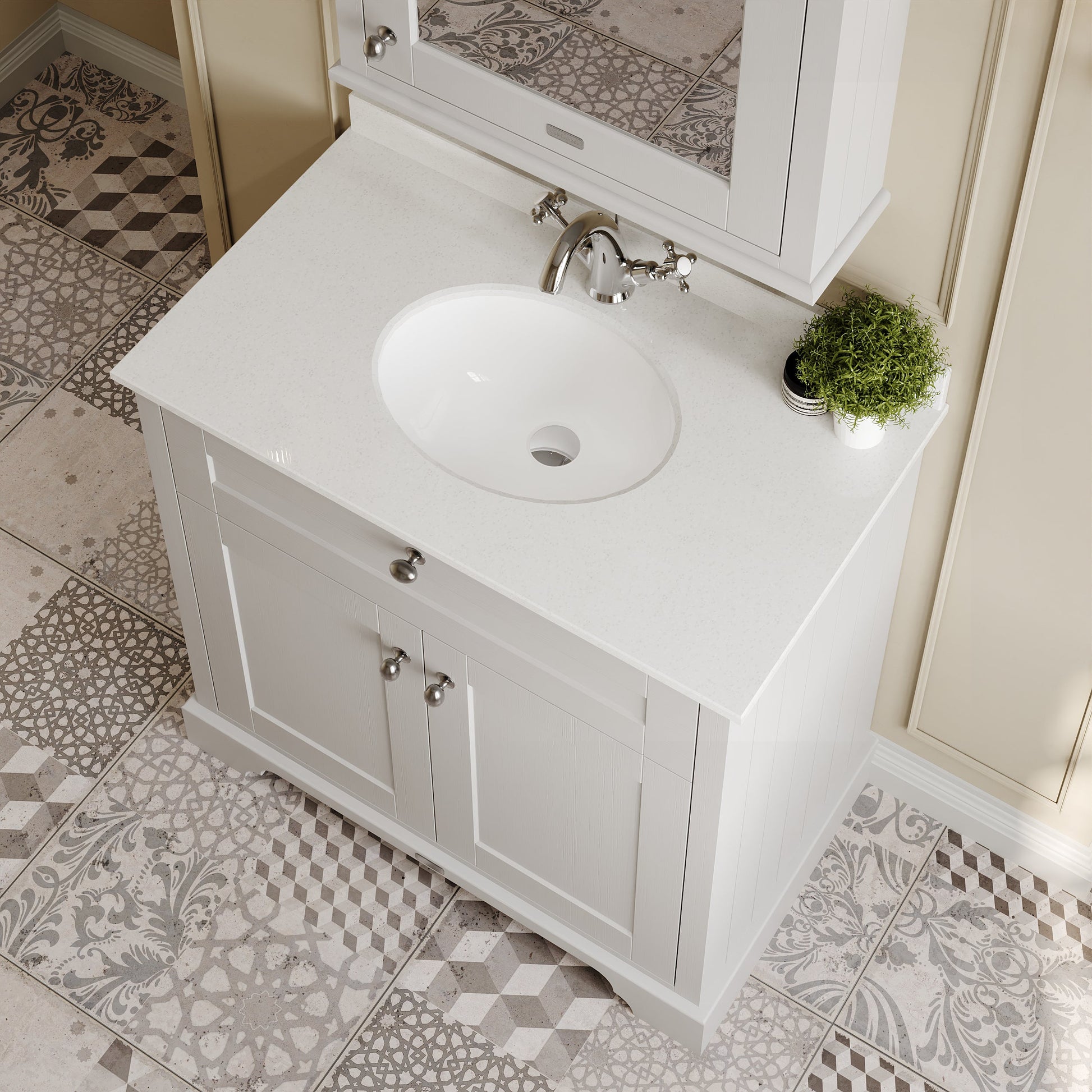 Hudson Reed Old London 800mm Floor Standing 2 Door White Marble Top Vanity Unit With 1 Tap Hole Soft Close Doors