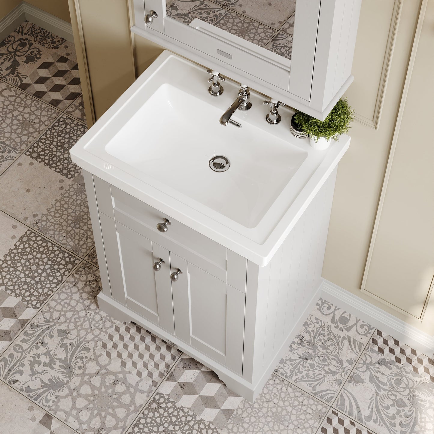 Hudson Reed Old London 600mm Timeless Sand Floor Standing 2 Door Vanity Unit with 3 Tap Hole Fireclay Basin