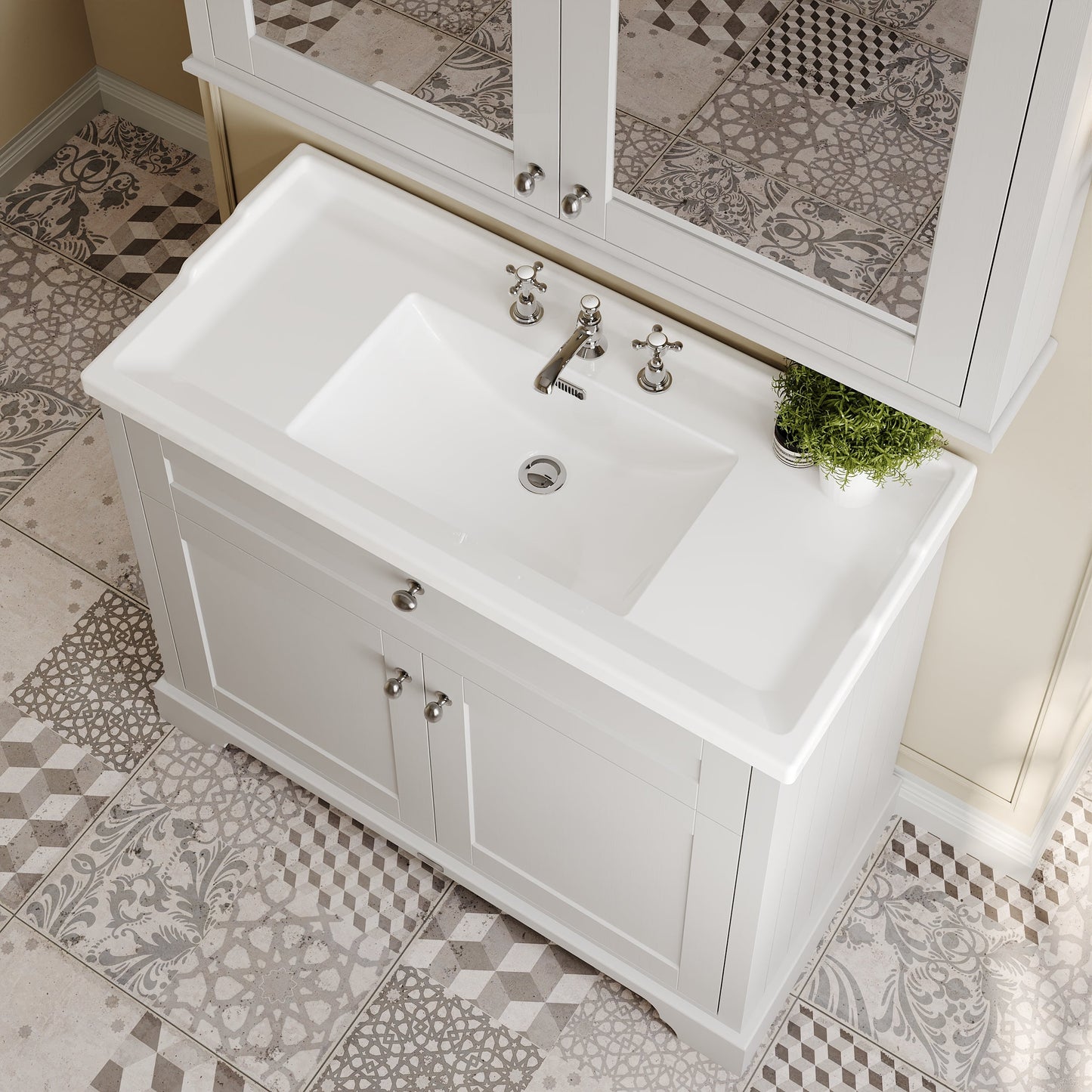 Hudson Reed Old London 1000mm Timeless Sand Floor Standing 2 Door Vanity Unit with 3 Tap Hole Ceramic Basin