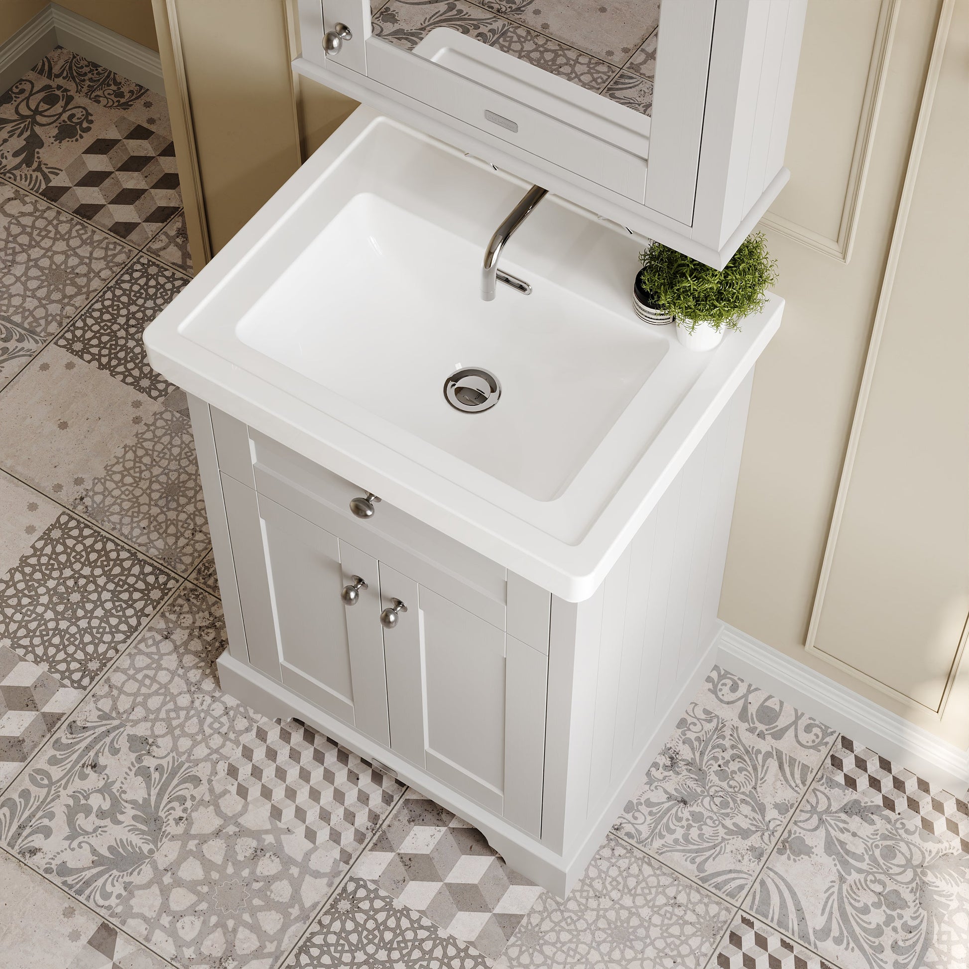 Hudson Reed Old London 600mm Timeless Sand Floor Standing 2 Door Vanity Unit With Fireclay Basin