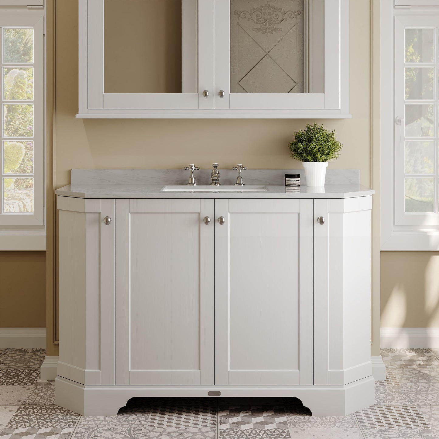 Hudson Reed Old London 1200mm Timeless Sand Floor Standing 4 Door Vanity Unit With Grey Marble Basin