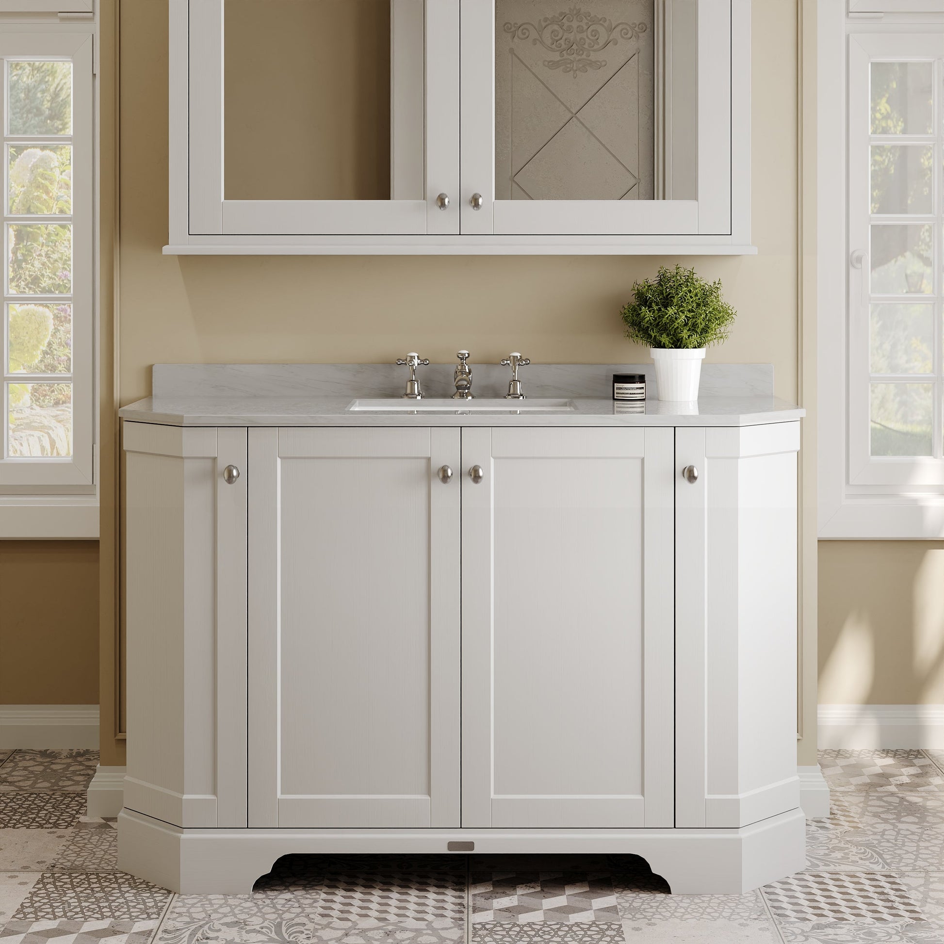 Hudson Reed Old London 1200mm Timeless Sand Floor Standing 4 Door Vanity Unit With Grey Marble Basin