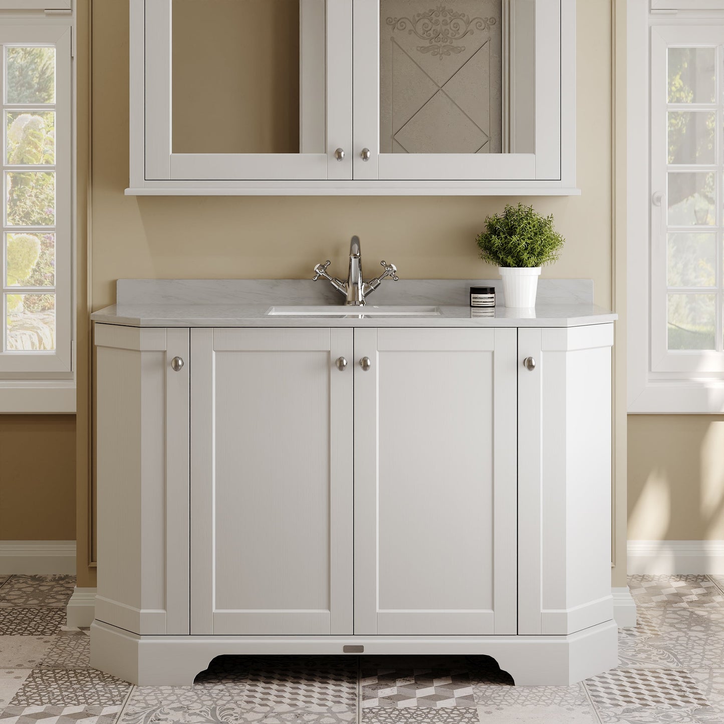 Floor Standing 4 Door Angled Vanity Unit with 1 Tap Hole Grey Marble Top 1200mm