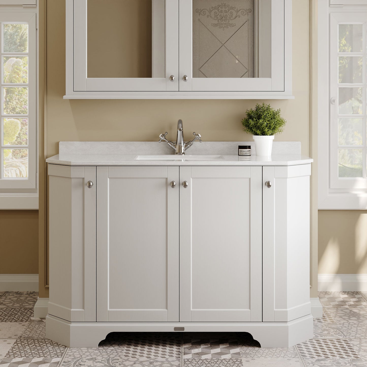 Hudson Reed Old London 1236mm Timeless Sand Floor Standing Vanity Unit With 1 Tap Hole White Marble Top Basin