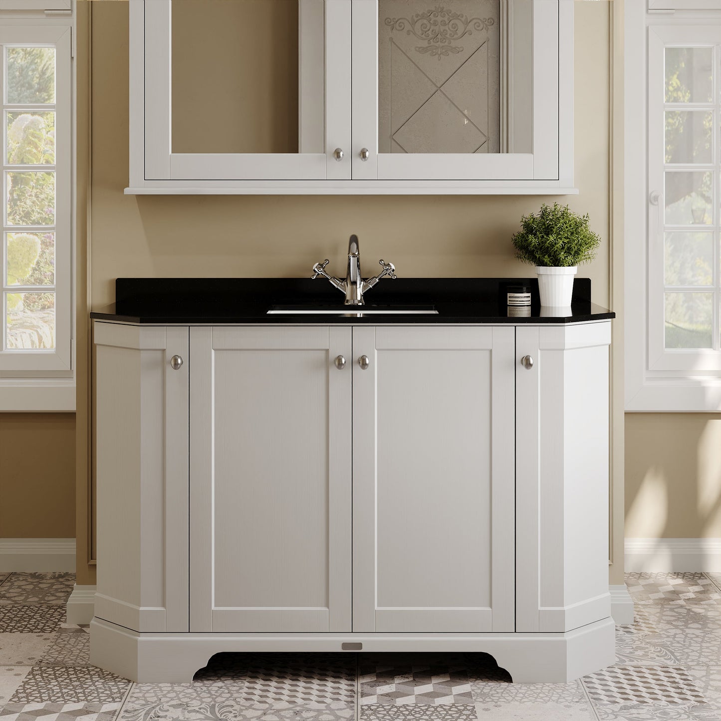 Floor Standing 4 Door Angled Vanity Unit with 1 Tap Hole Black Marble Top 1200mm