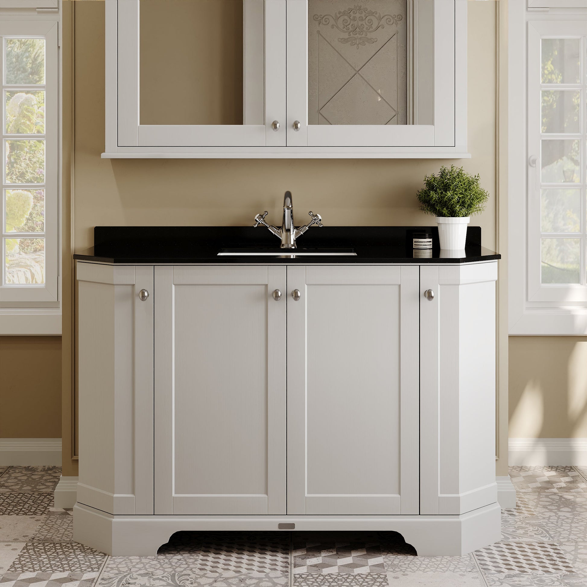 Floor Standing 4 Door Angled Vanity Unit with 1 Tap Hole Black Marble Top 1200mm