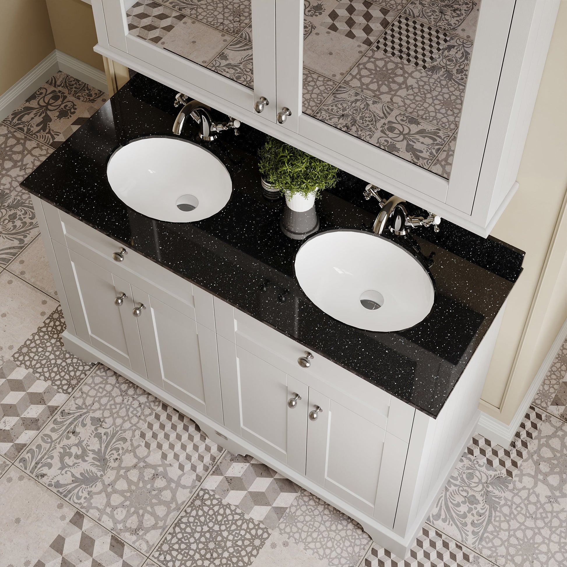 Hudson Reed Old London 1200mm Floor Standing 4 Door Vanity Unit With 1 Tap Hole Black Marble Top Double Basin