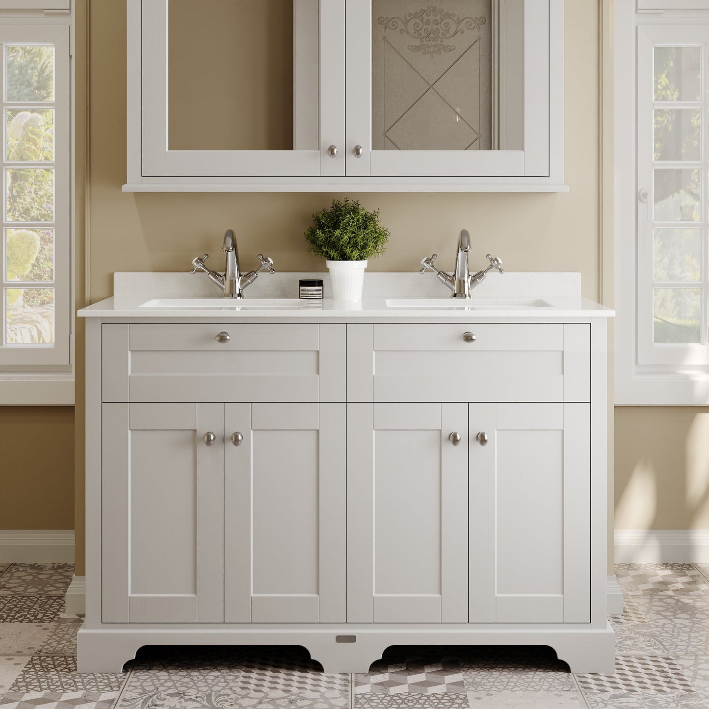 Floor Standing 4 Door Vanity Basin Unit with Square Basin & 1 Tap Hole Marble Top, 1200mm