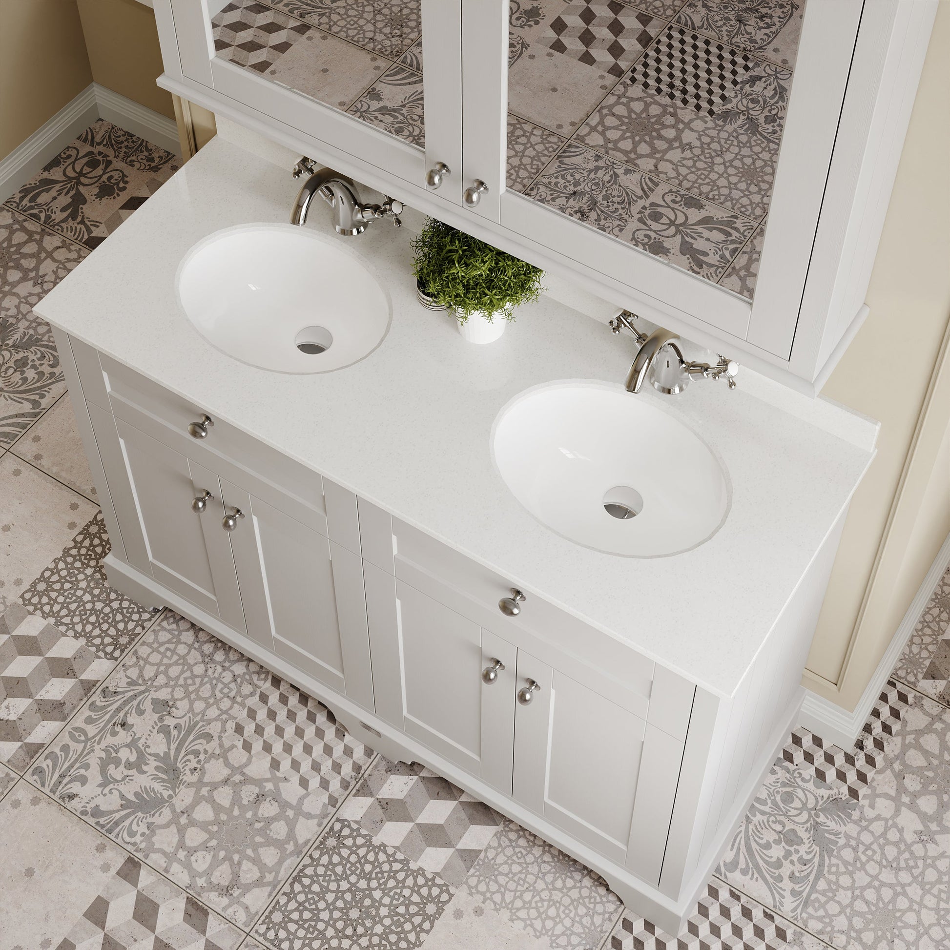 Hudson Reed Old London 1200mm Timeless Sand Floor Standing 4 Door Vanity Unit With White Marble Top Double Basin