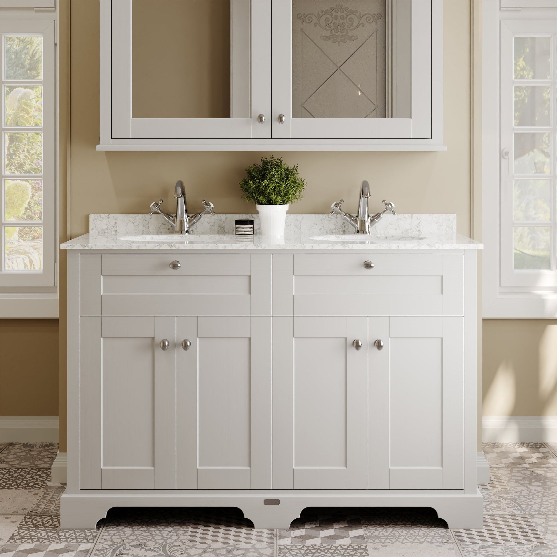 Hudson Reed Old London 1220mm Timeless Sand Floor Standing 4 Door Vanity Unit With Grey Marble Top Double Basin
