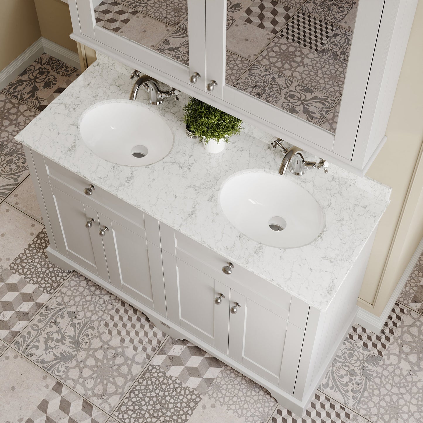 Hudson Reed Old London 1220mm Timeless Sand Floor Standing 4 Door Vanity Unit With Grey Marble Top Double Basin