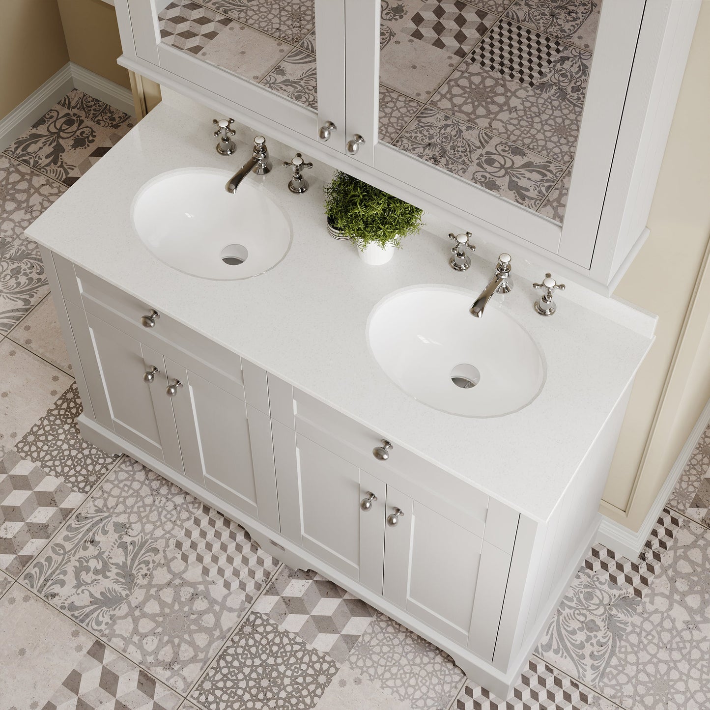 Hudson Reed Old London 1200mm Floor Standing 4 Door Vanity Unit With 3 Tap Hole White Marble Double Basin