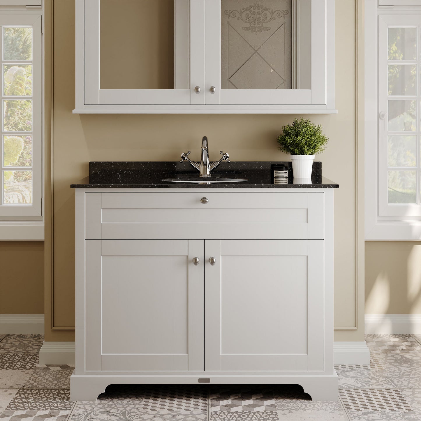 Floor Standing 2 Door Vanity Unit with 1 Tap Hole Black Marble Top 1000mm