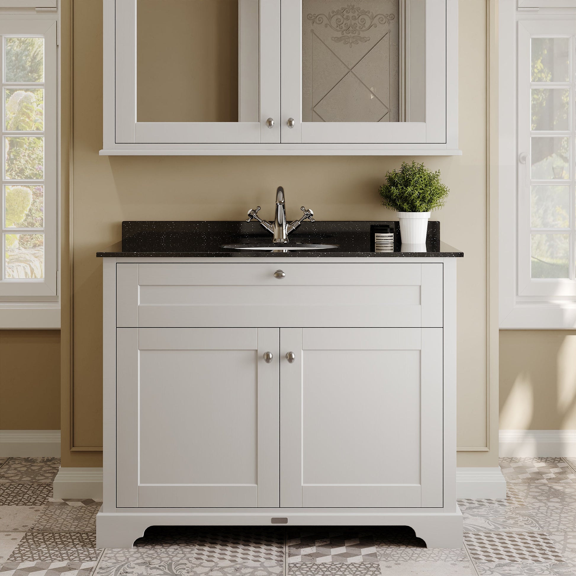 Floor Standing 2 Door Vanity Unit with 1 Tap Hole Black Marble Top 1000mm