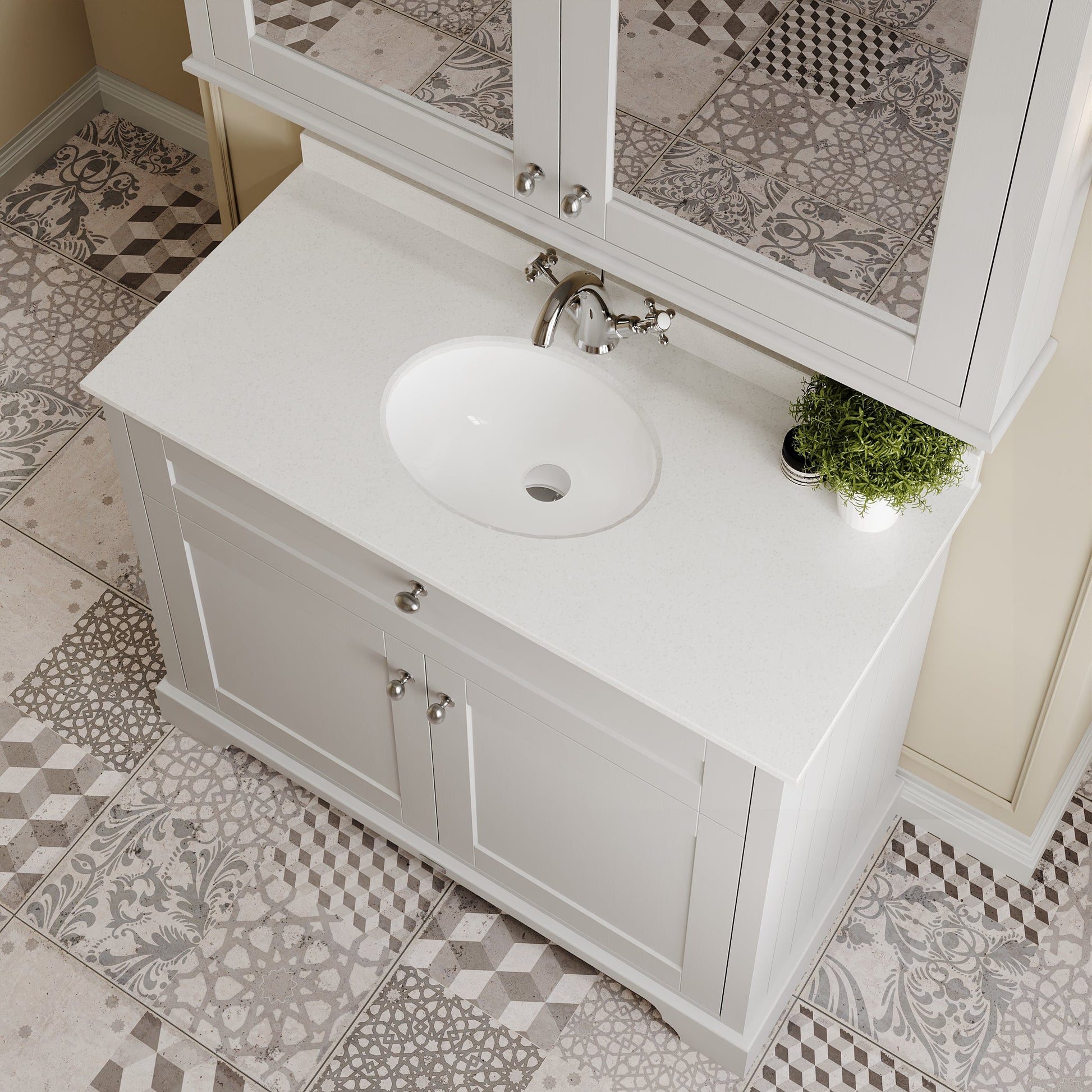 Floor Standing 2 Door Vanity Unit with 1 Tap Hole White Marble Top 1000mm