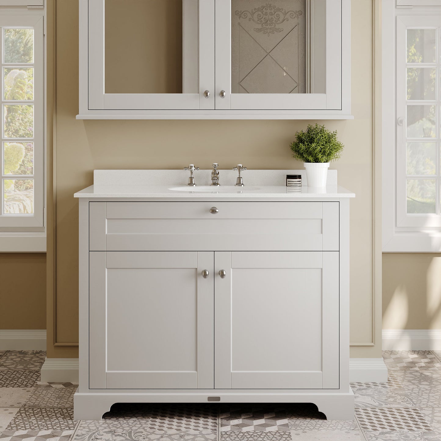 Hudson Reed Old London 1000mm Floor Standing 2 Door Vanity Unit With White Marble Top & 3 Tap Hole Basin
