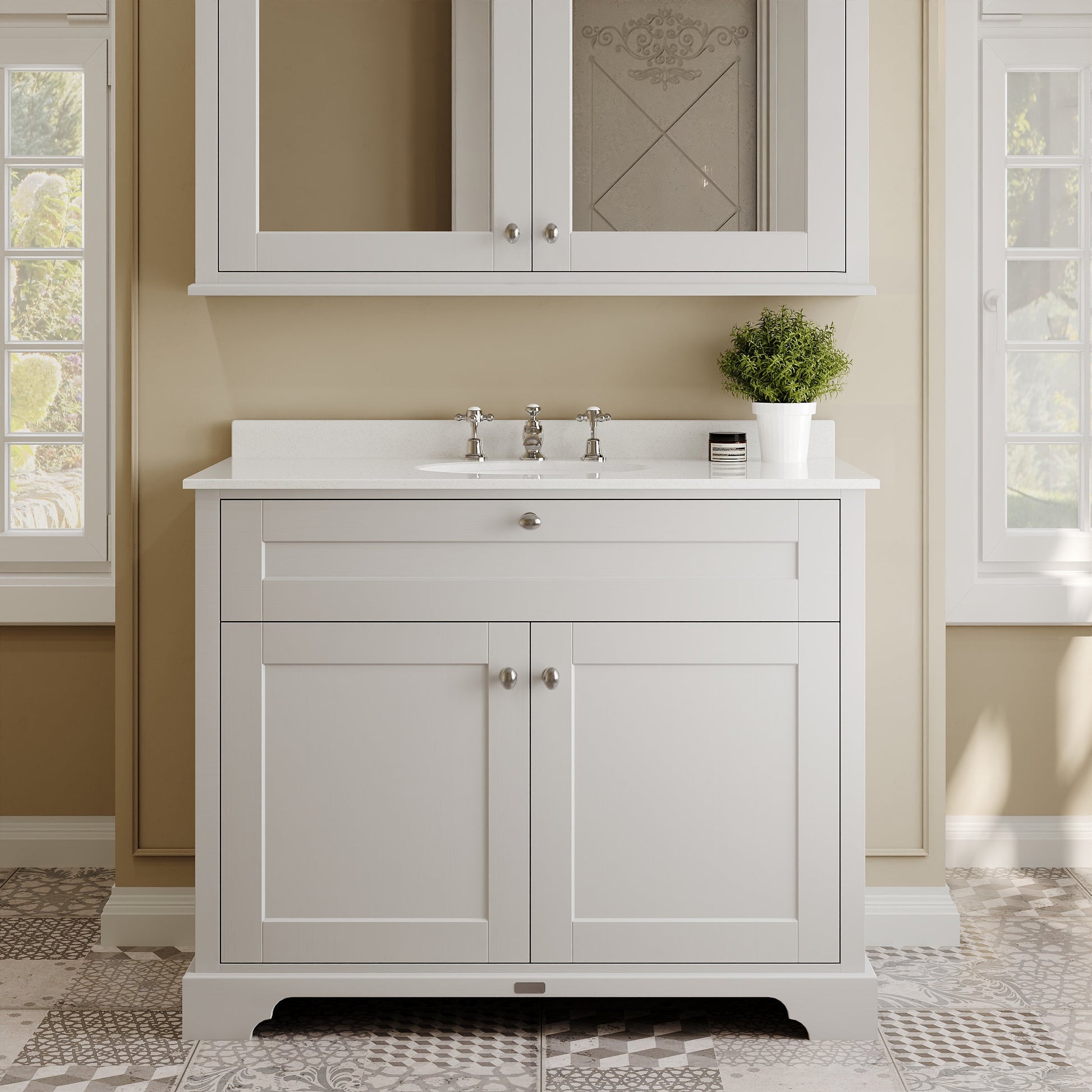 Hudson Reed Old London 1000mm Floor Standing 2 Door Vanity Unit With White Marble Top & 3 Tap Hole Basin