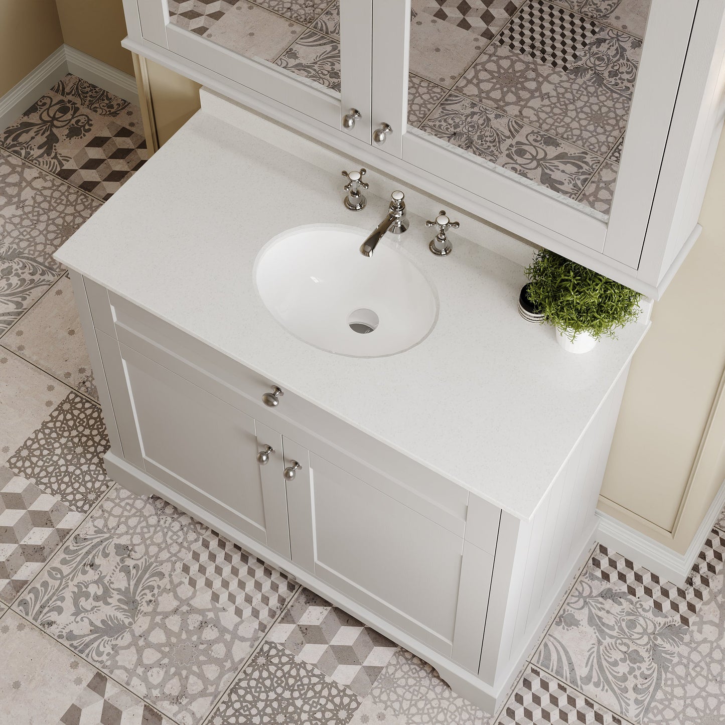 Hudson Reed Old London 1000mm Floor Standing 2 Door Vanity Unit With White Marble Top & 3 Tap Hole Basin