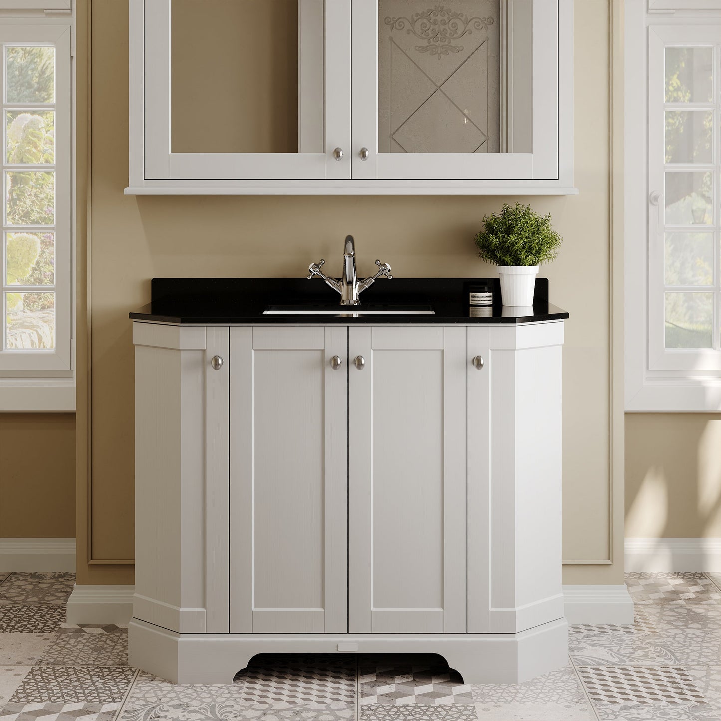 Floor Standing 4 Door Angled Vanity Unit with 1 Tap Hole Black Marble Top 1000mm