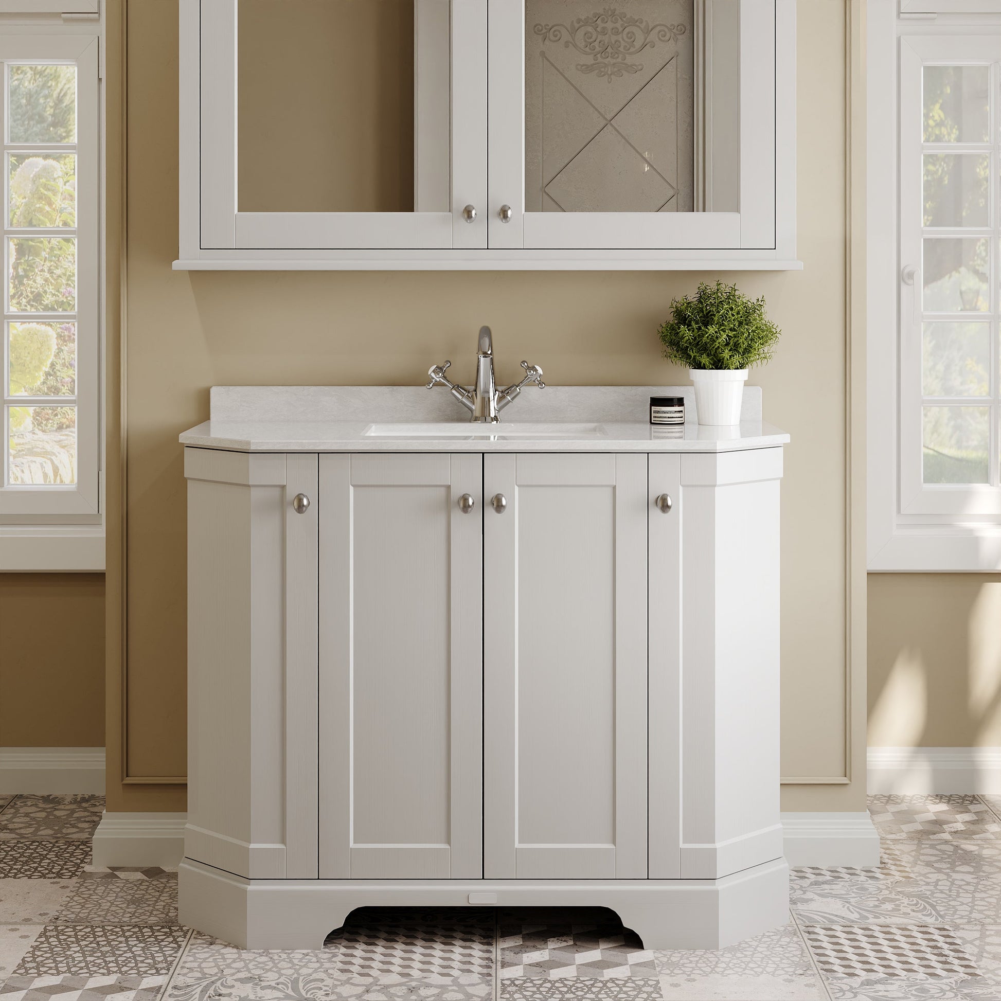 Floor Standing 4 Door Angled Vanity Unit with 1 Tap Hole White Marble Top 1000mm