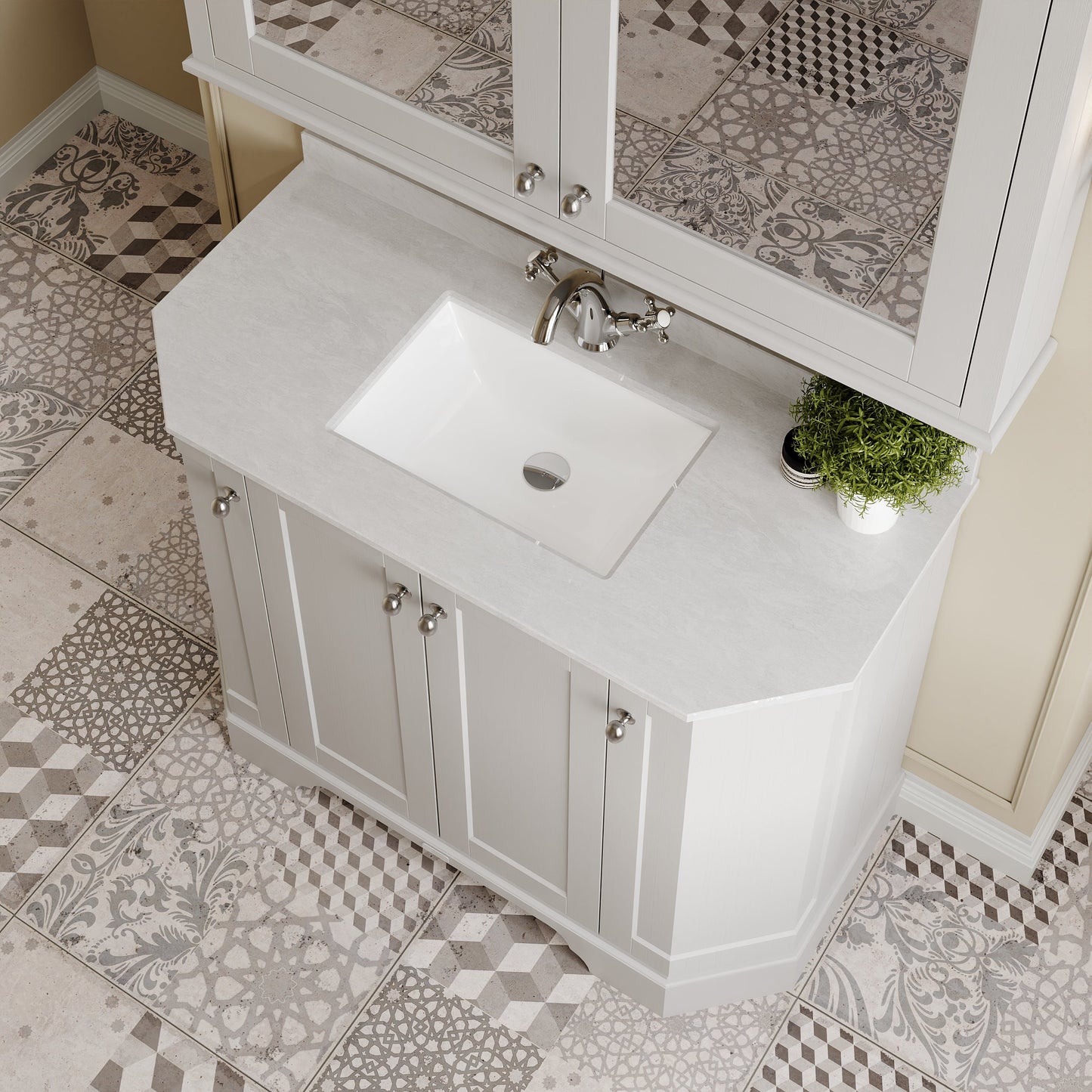 Floor Standing 4 Door Angled Vanity Unit with 1 Tap Hole White Marble Top 1000mm