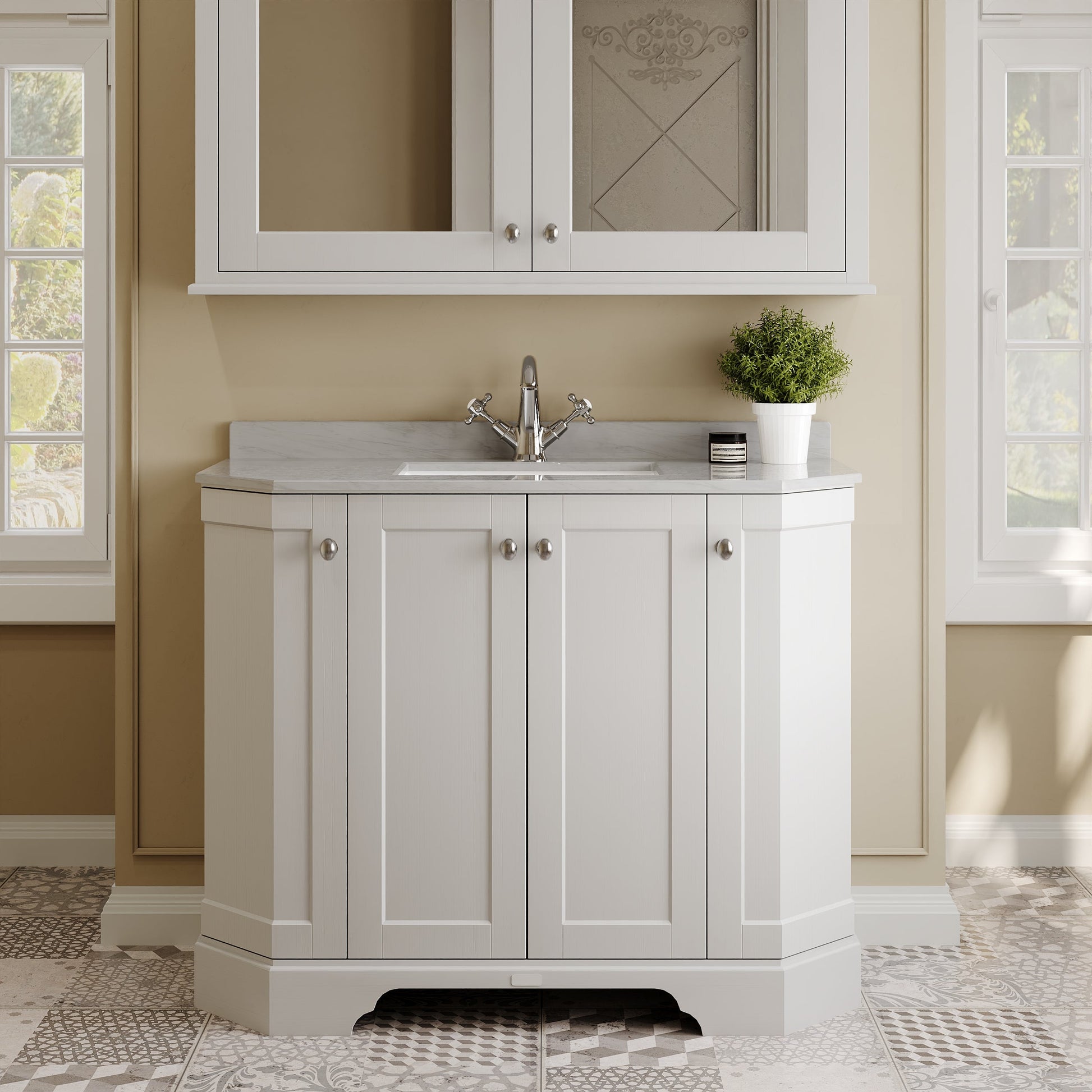 Hudson Reed Old London 1000mm Timeless Sand Floor Standing 4 Door Vanity Unit With Grey Marble Top
