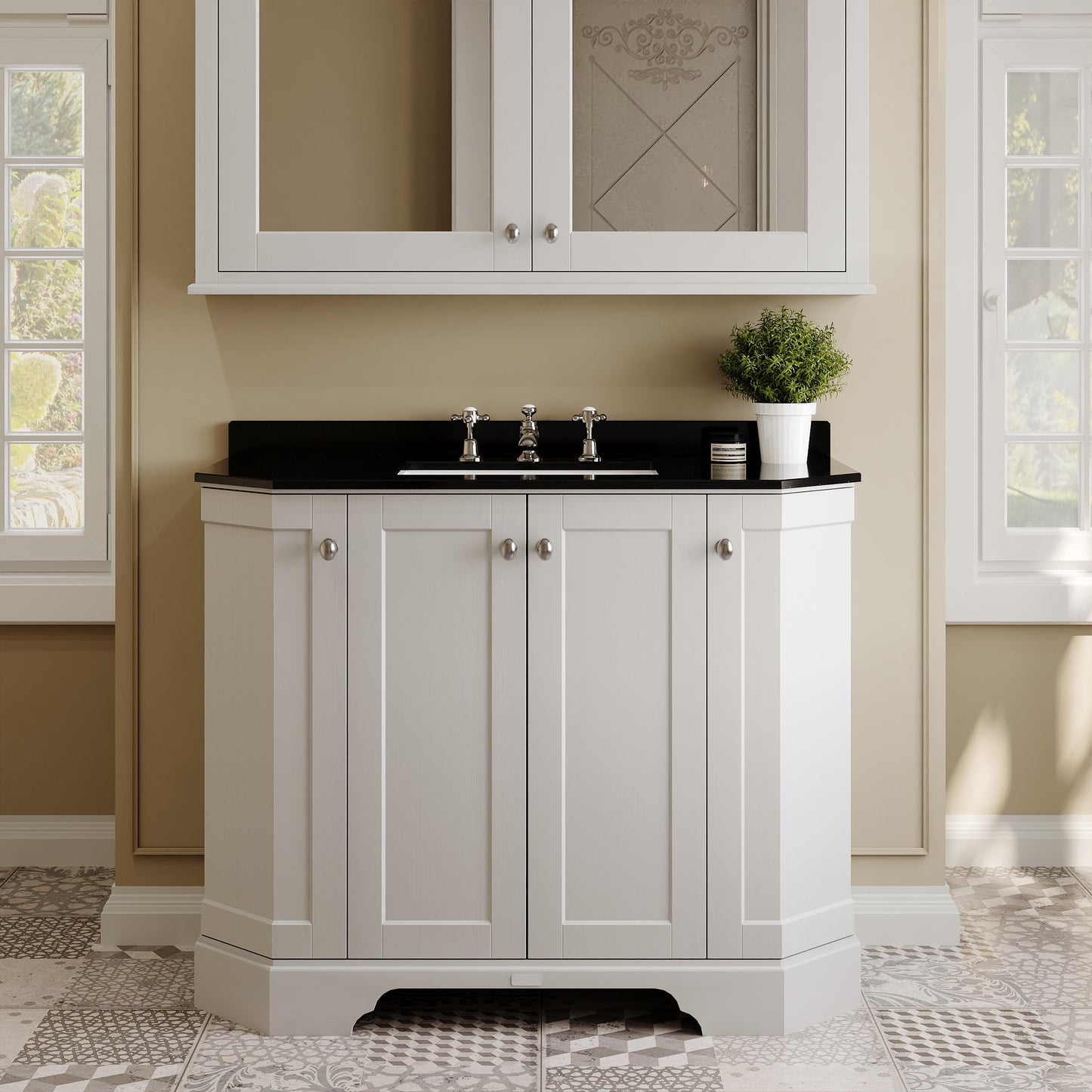 Hudson Reed Old London 1000mm Floor Standing 4 Door Vanity Unit with 3 Tap Hole Black Marble Top Basin