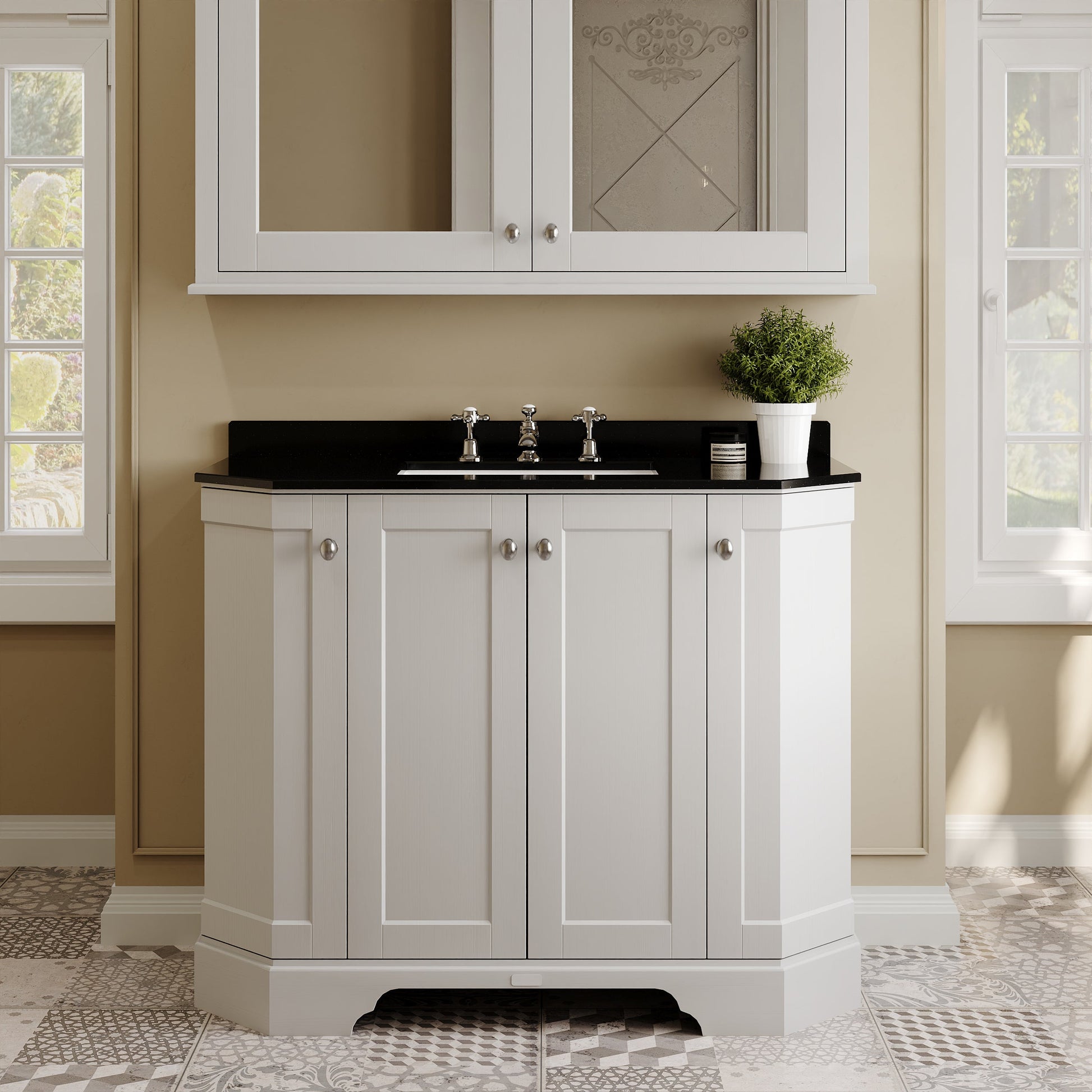 Hudson Reed Old London 1000mm Floor Standing 4 Door Vanity Unit with 3 Tap Hole Black Marble Top Basin