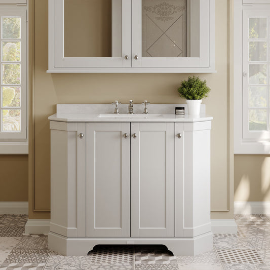 Hudson Reed Old London 1000mm Timeless Sand Floor Standing 4 Door Vanity Unit With White Marble Top & 3 Tap Hole Basin