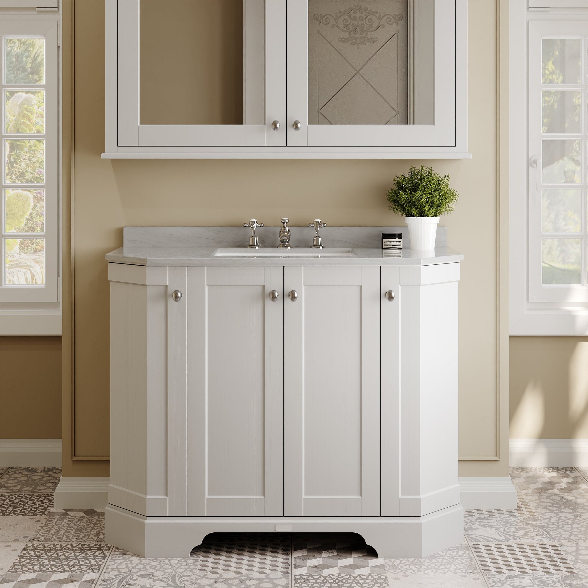 Floor Standing 4 Door Angled Vanity Unit with 3 Tap Hole Grey Marble Top 1000mm