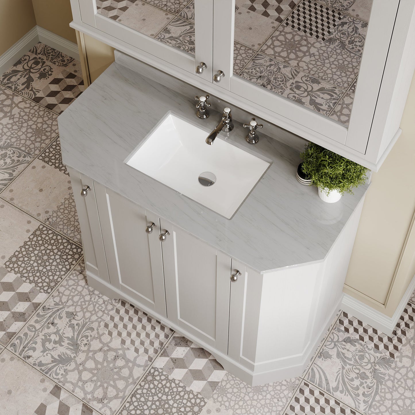 Floor Standing 4 Door Angled Vanity Unit with 3 Tap Hole Grey Marble Top 1000mm